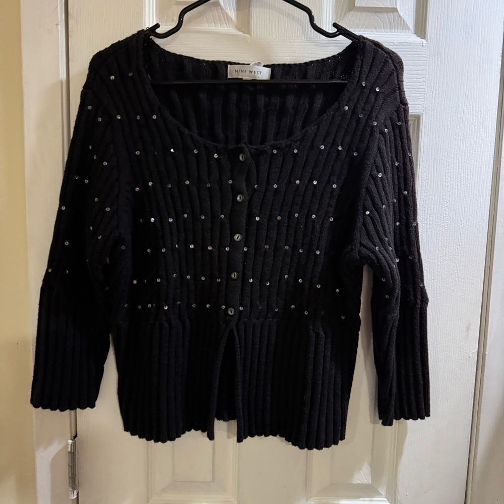 Nine West Women’s Black Ribbed Sequin Button-Front Cardigan Sweater Size L